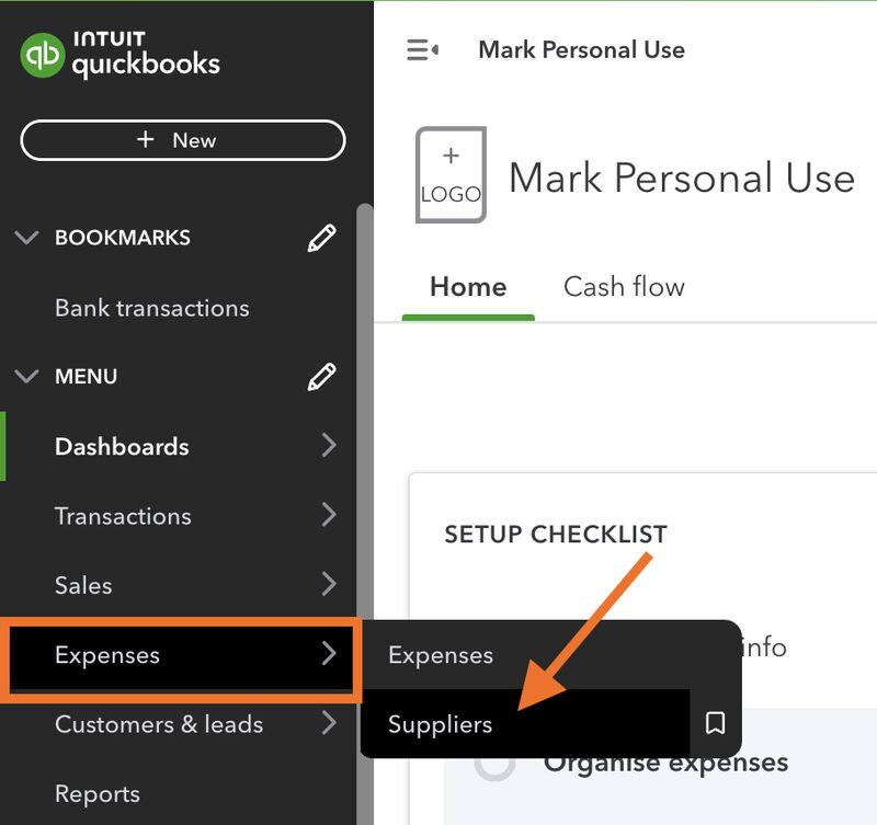 Screen showing how to navigate to the suppliers section in QuickBooks Online