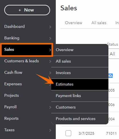 Screen showing how to navigate to the Estimates tab under Sales in QuickBooks Online