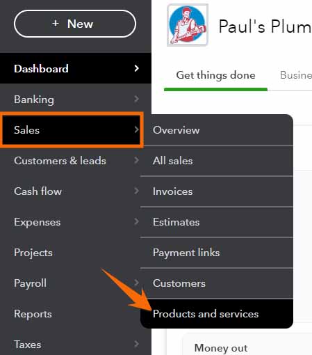 Screen showing how to navigate to Products and Services from the Sales menu