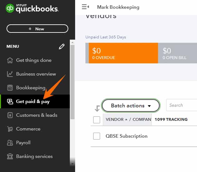 Screen showing how to navigate to the vendor list in QuickBooks Online.