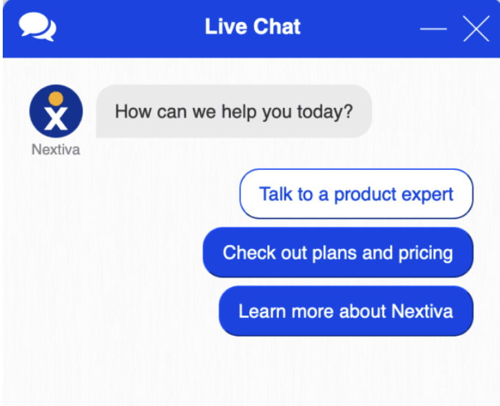 A screenshot of a live conversation with a Nextiva chatbot.
