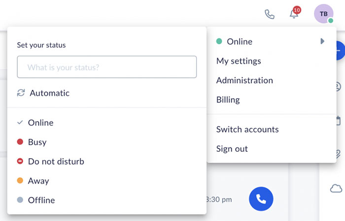 Nextiva interface showing the call presence feature, which has different status options: “Online”, “Busy”, “Do not disturb”, “Away”, and “Offline”