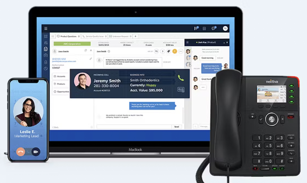 A screenshot of Nextiva Contact Center working on mobile, desktop, and desk phone.