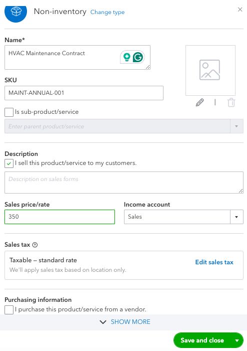 Screen where you can set up a non-inventory item in QuickBooks Online