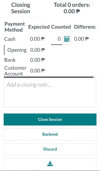Odoo closing session screen with payment tracking.
