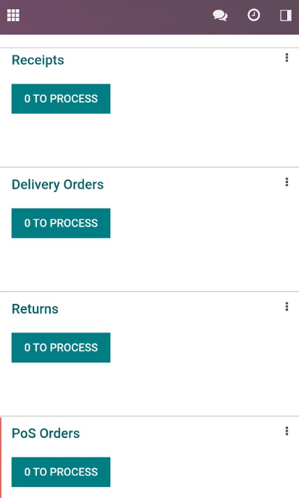 Odoo inventory module with processing for receipts, delivery orders, and returns.