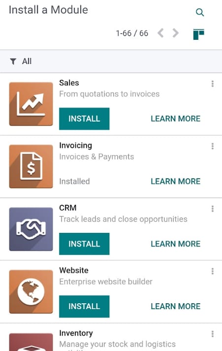 List of Odoo modules on mobile POS screen.