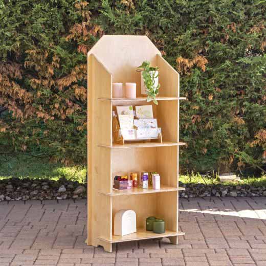 four-tiered, mobile birchwood shelving unit.