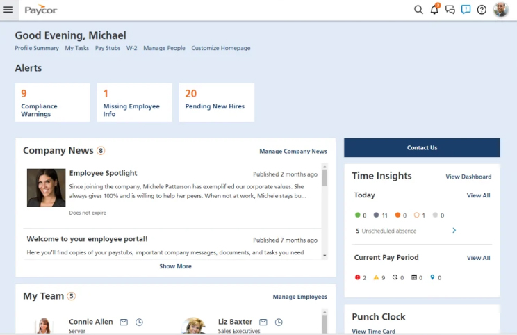 Paycor's dashboard offers easy access to several HR tools.
