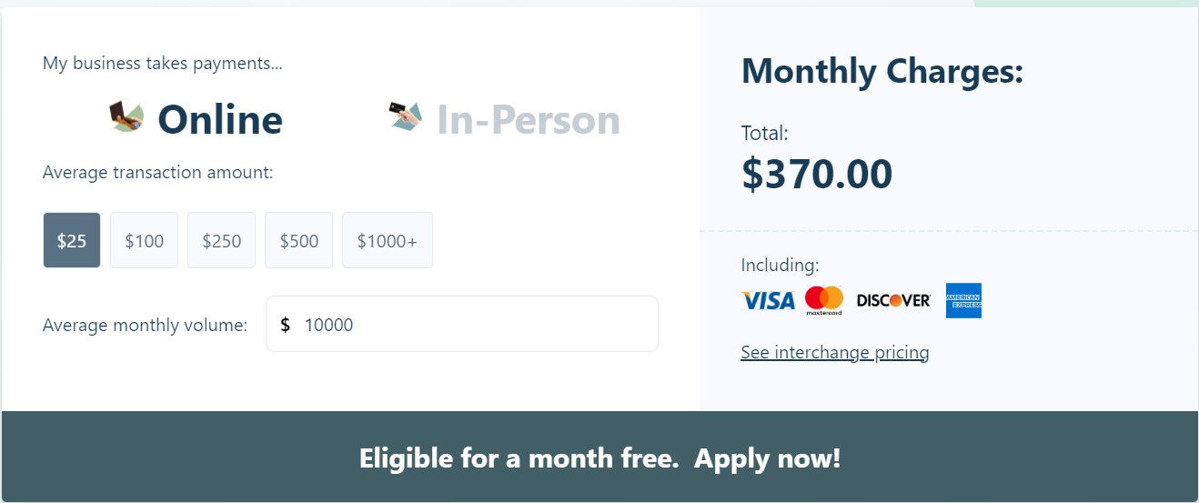 Sample calculation of online payment processing charges.