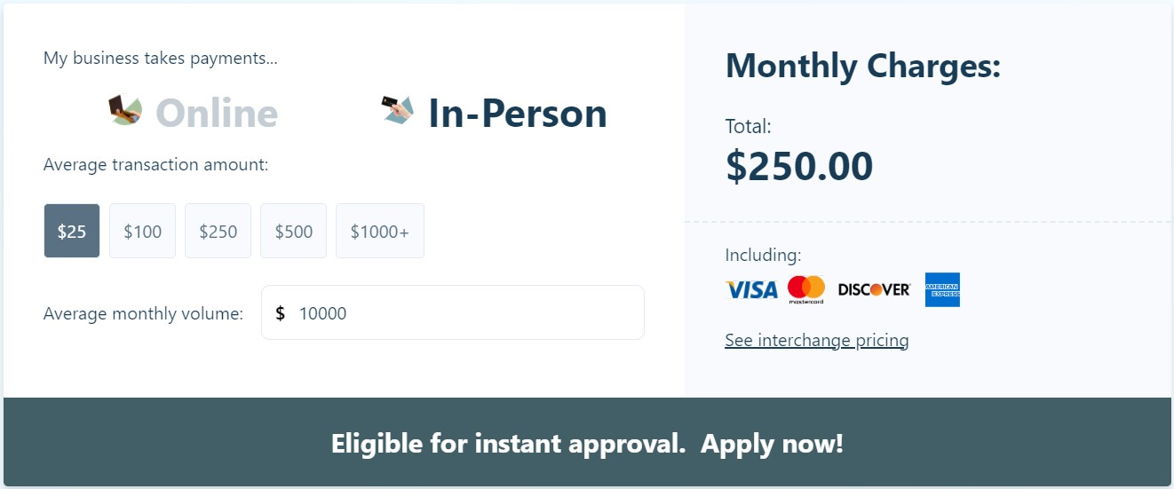 Sample calculation of in-person payment processing charges.