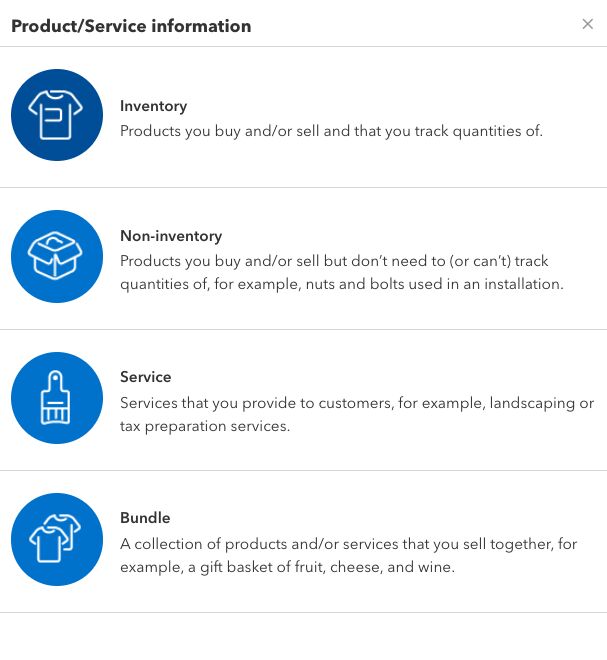 Screen where you can select the type of item to create in QuickBooks Online