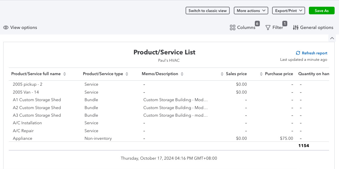 Sample product and service list report in QuickBooks Online