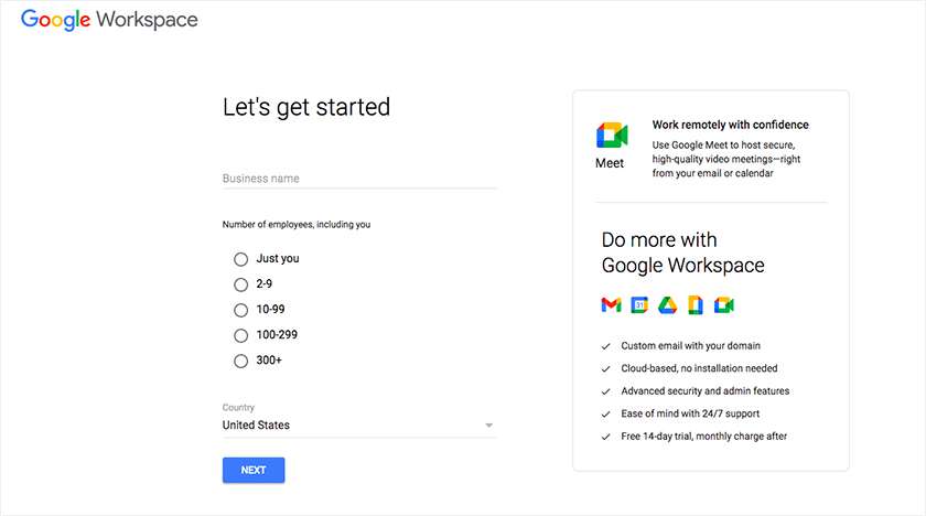 Prompt for registering an account on Google Workspace.
