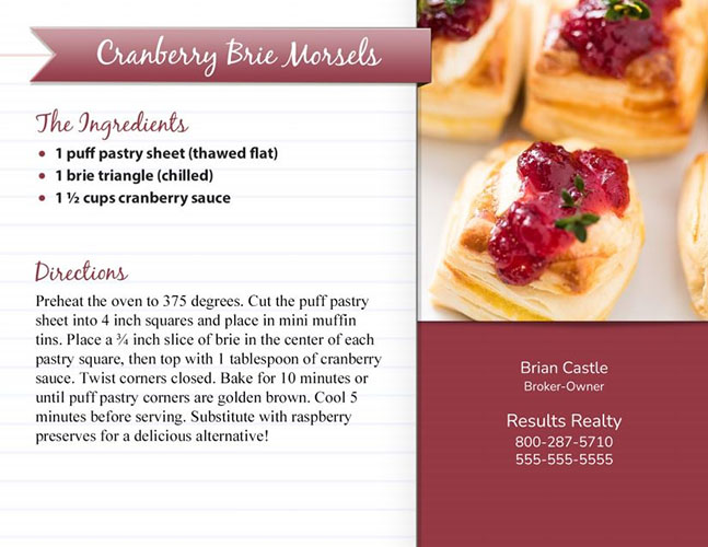 Real estate postcard with cranberry brie morsels recipe from ProspectsPLUS!