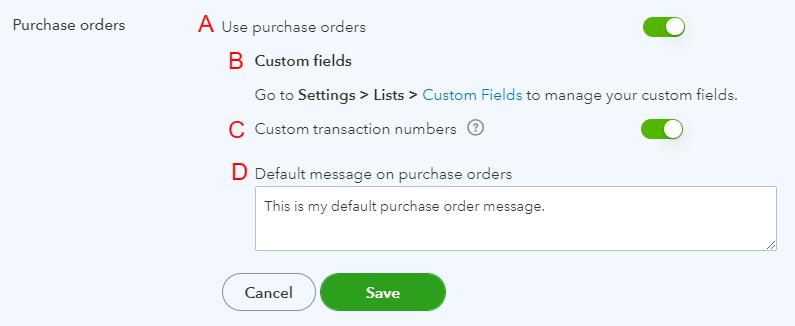 Purchase orders settings in QuickBooks Online including custom fields and custom transaction numbers