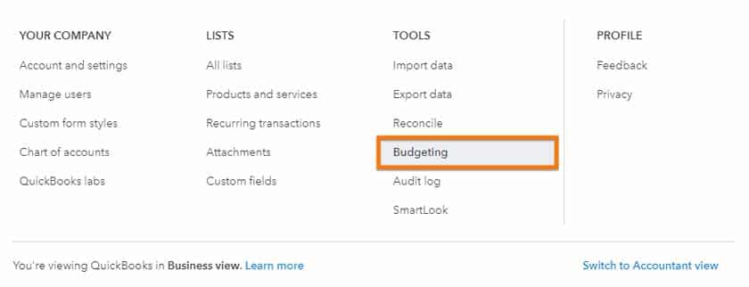 Section in QuickBooks Online where you can access the budgeting feature.