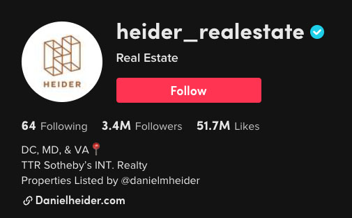 Real estate TikTok profile from @heider_realestate