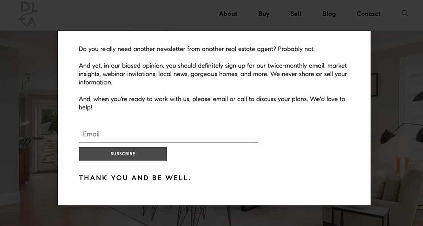 Real estate pop up with opt in for email subscribers