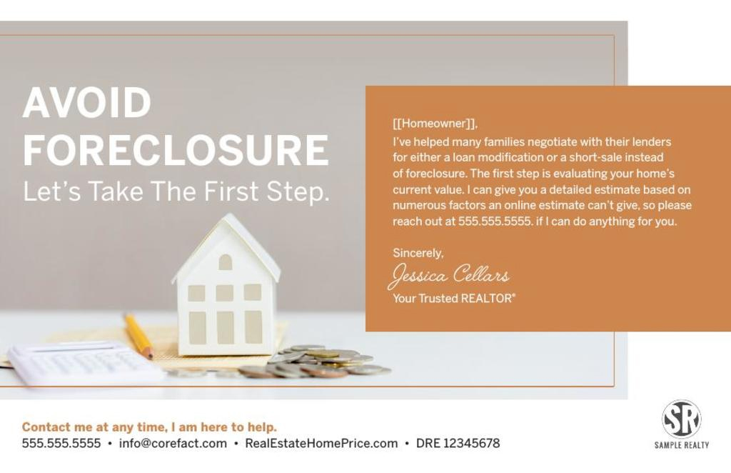 Real estate postcard titled, "Avoid foreclosure".
