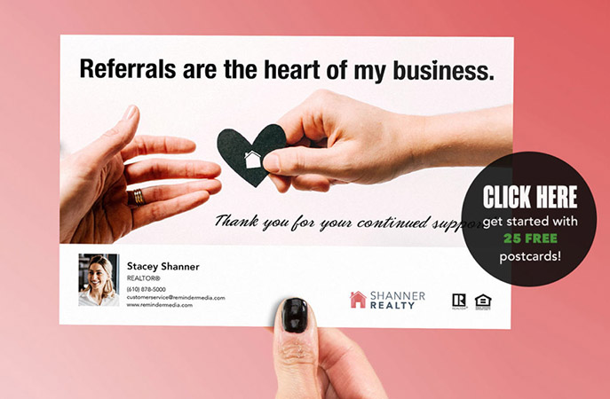 Real estate referral postcard titled, "Referrals are the heart of my business"
