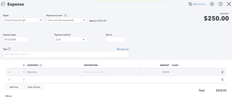 Screen where you can record a new expense in QuickBooks Online.