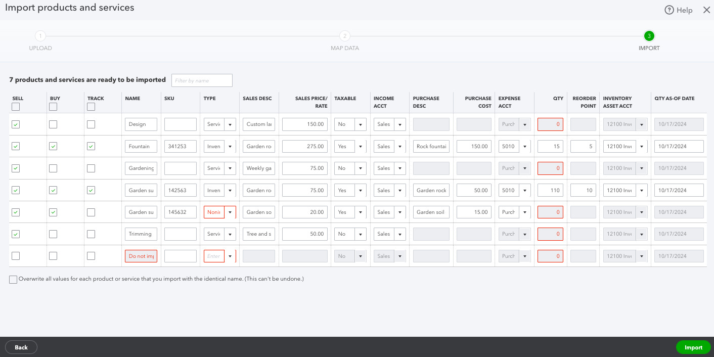 Screen where you finalized mapped fields before importing products and services into QuickBooks