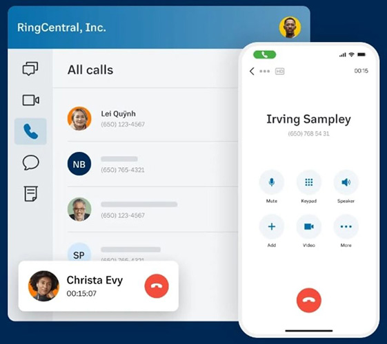 Overlapping images showing an active phone call on the RingCentral app and the RingCentral application