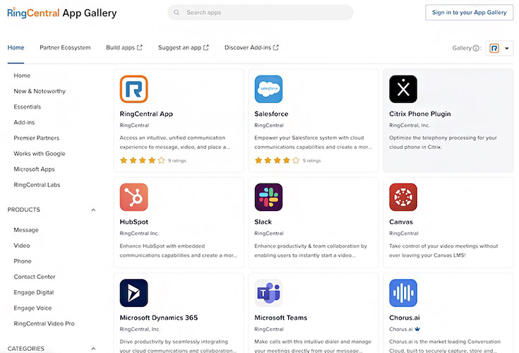 A screenshot of the RingCentral App Gallery