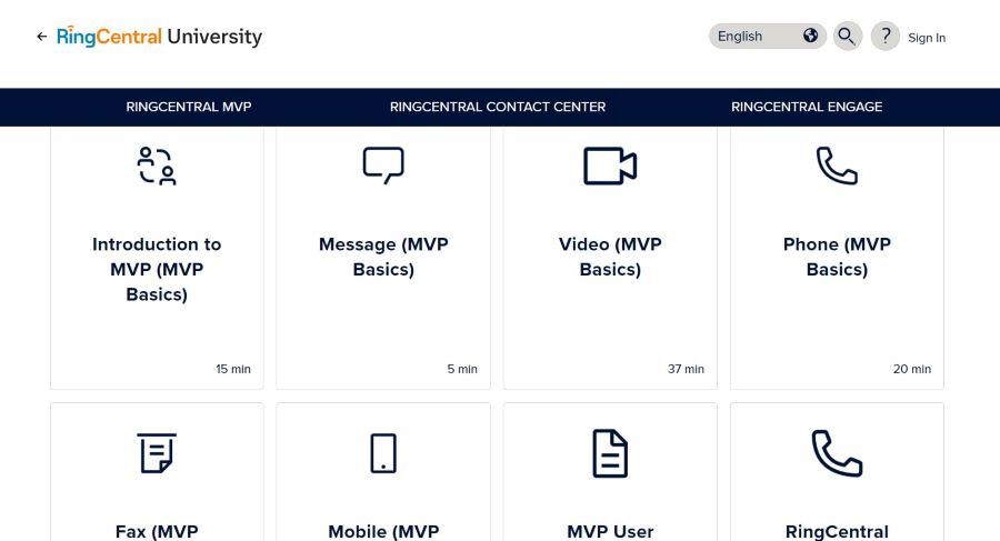 Screenshot of the RingCentral MVP Basic User courses available through RingCentral University