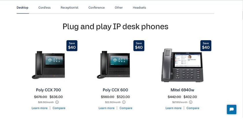 Screencapture of RingCentral's website showing the different phones and headsets available