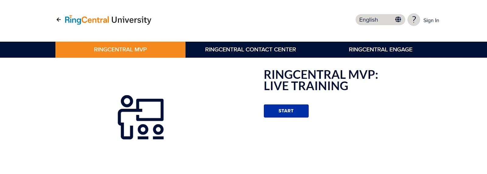 Screenshot of the RingCentral University live training web landing page