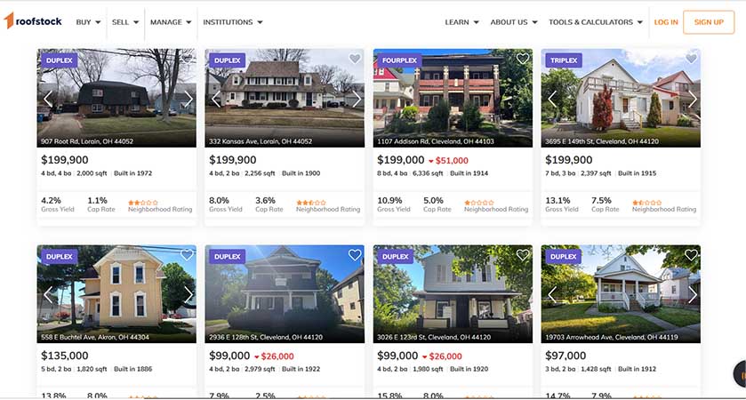 Roofstock's listing page with duplexes, triplexes, and fourplexes.