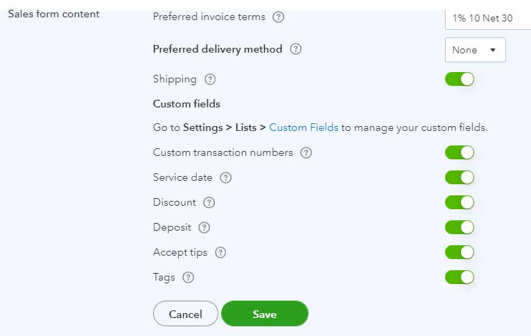 Sales form content customization options under the Sales tab in QuickBooks Online