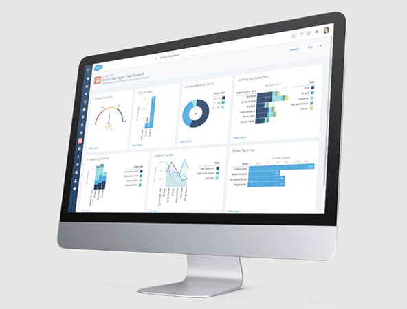 A computer screen displaying an example of Salesforce's real-time dashboard with various charts and graphs.