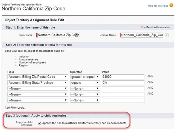 An example of how Salesforce users can apply inherited territory rules to child territories.
