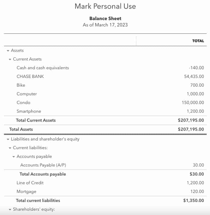 Sample balance sheet report in QuickBooks Online