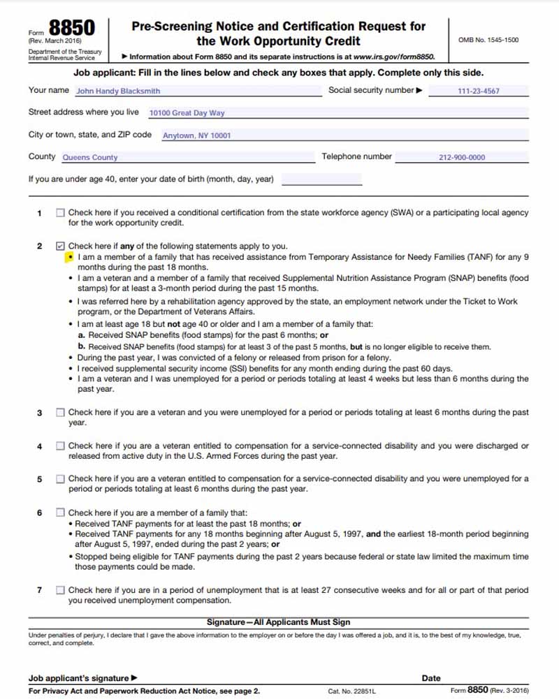 An example of Form 8850's Page 1 filled out by Temporary Assistance for Needy Families (TANF) recipient.
