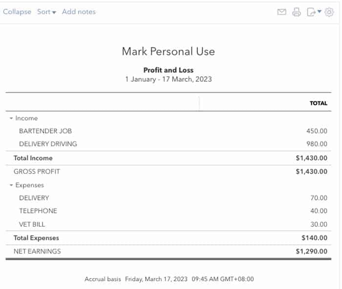 Sample profit and loss report in QuickBooks Online.