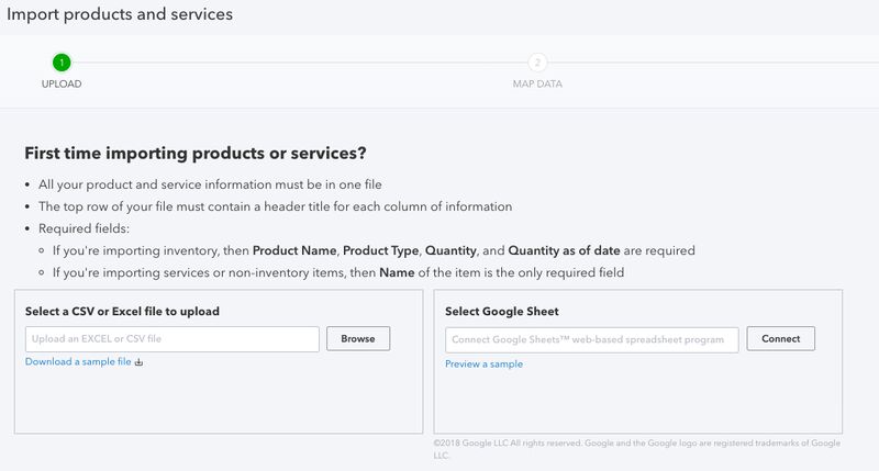 Screen where you can select the product and service item file to import into QuickBooks Online