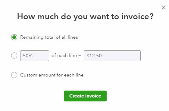 Popup window asking what portion of the estimate you want to invoice in QuickBooks.