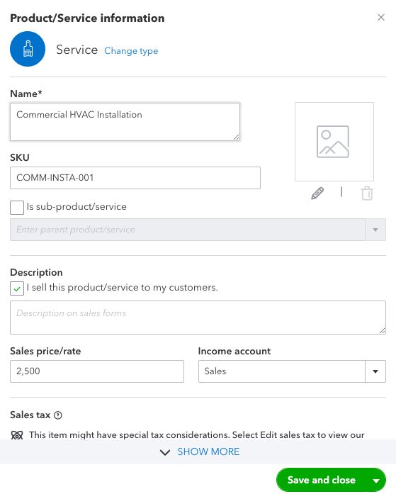 Screen where you can set up a service item in QuickBooks Online