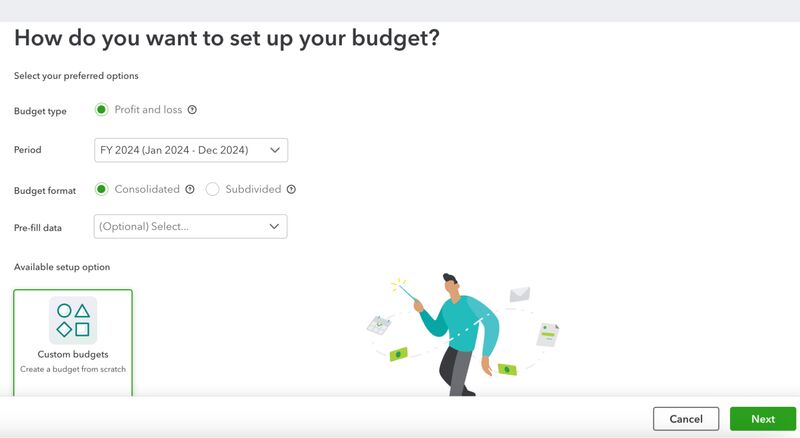 Screen showing where to set up your budget in QuickBooks Online.