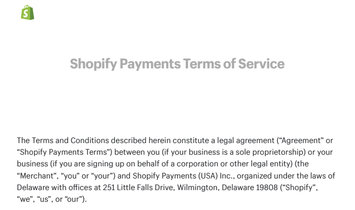 Shopify Payments Terms of Service.
