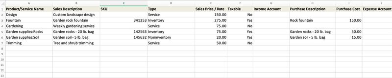 Sample spreadsheet of product and service items to import into QuickBooks Online