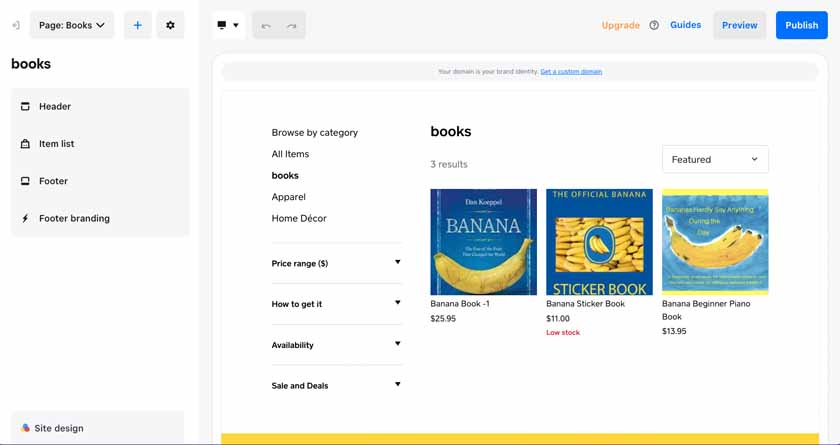 The Book category page of our Banana Shenanigans test store built with Square Online.