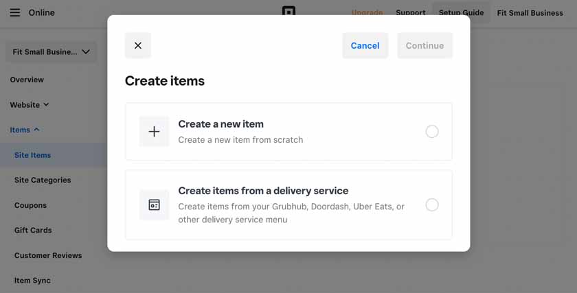 After clicking "Create a new item" Swuare prompts you to either add it manually or import from a third-party delivery service.