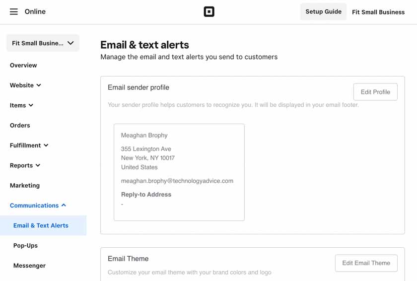 Square Online email settings including a Sender Profile and Email Theme.