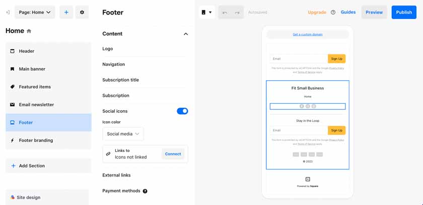 Footer customization within the Square Online editor to show social icons and payment types.