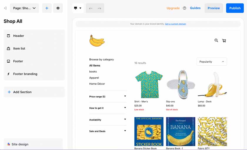 A Shop All page with a variety of banana-themed products.